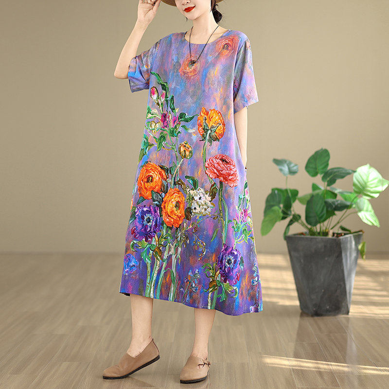 Midi Skirt Floral - High-End Women's Cotton Lin Dress Summer