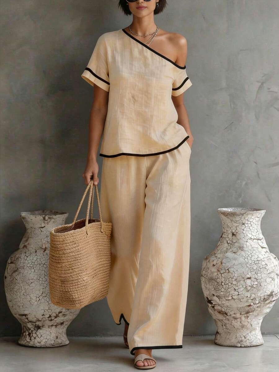 Womens Beige Asymmetric Top An - огляд і ціна Linen Pant Wide