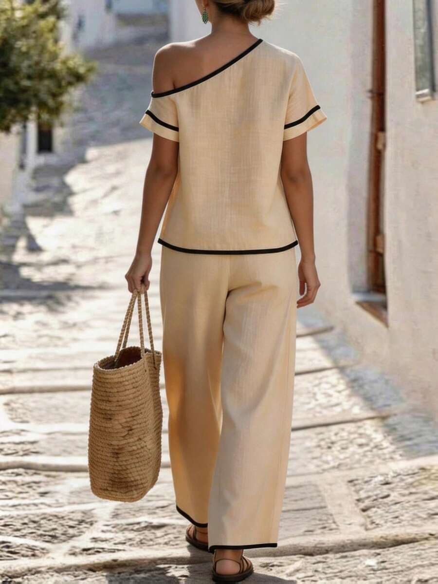 Womens Beige Asymmetric Top An - огляд і ціна Linen Pant Wide