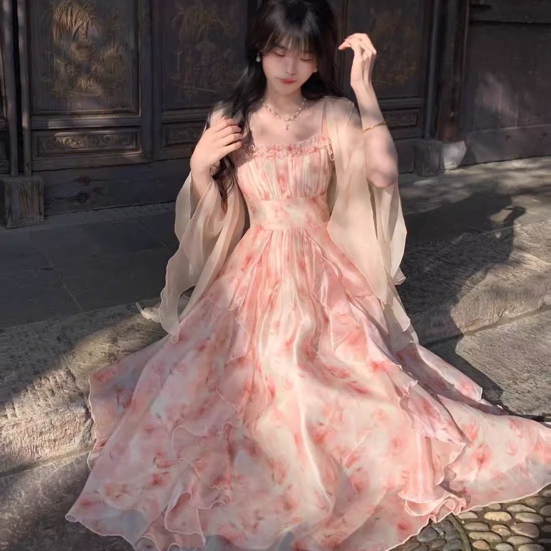 Women Watercolor Peach Floral  - огляд і ціна Kimono Sheer Floral