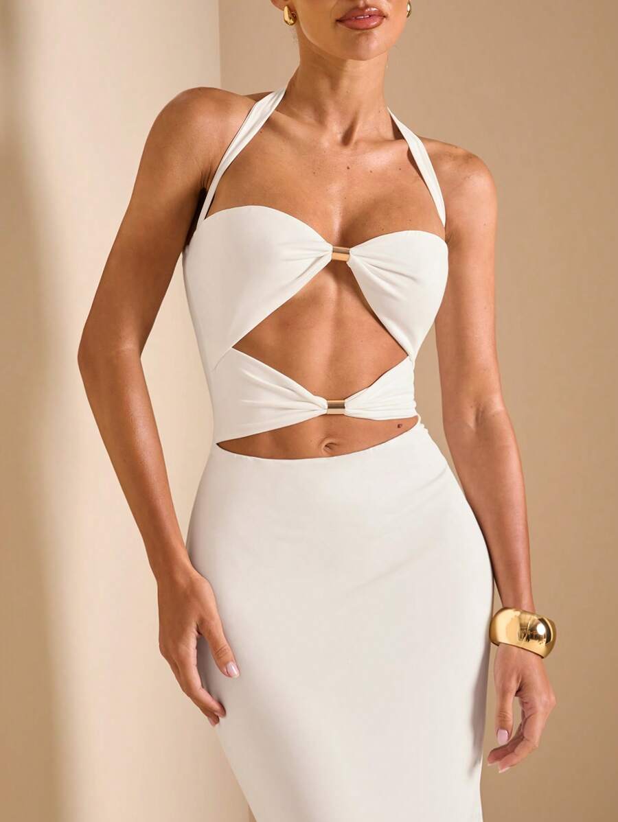 White Cut Out Halter Neck Fitt - огляд і ціна Maxi Dress Halter