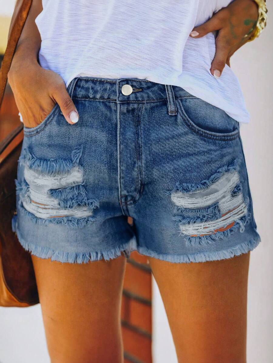 Mid Waist Washed Denim Shorts  - огляд і ціна Shorts Denim Frayed