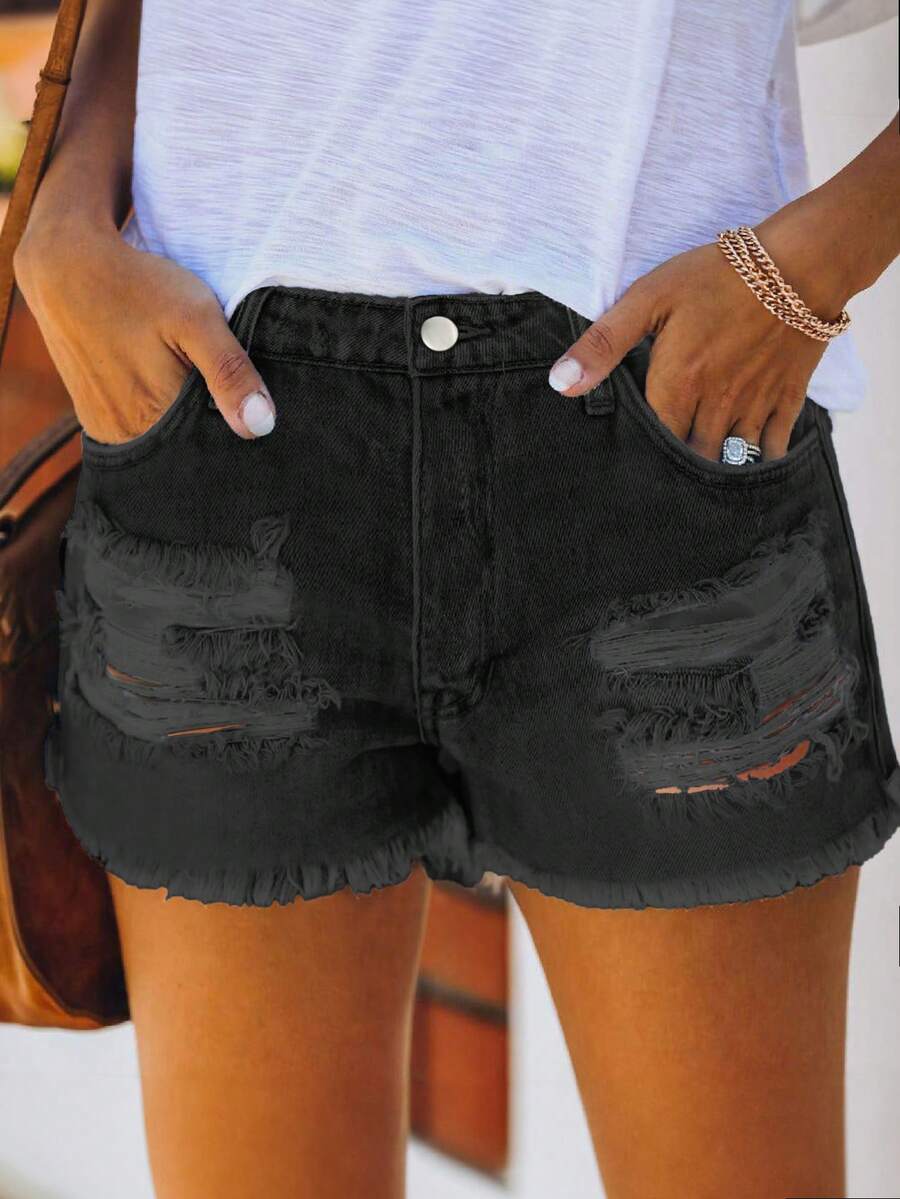 Mid Waist Washed Denim Shorts  - огляд і ціна Shorts Denim Frayed