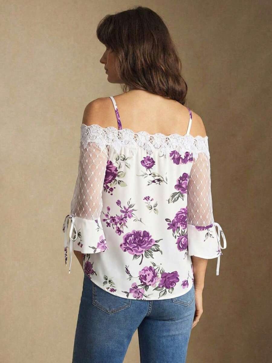 Purple Floral Print Off Should - огляд і ціна Blouse Off Shoulder
