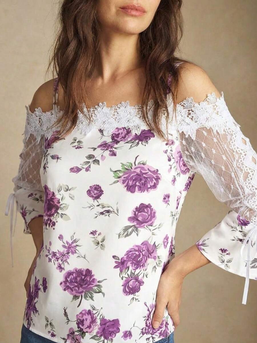 Purple Floral Print Off Should - огляд і ціна Blouse Off Shoulder