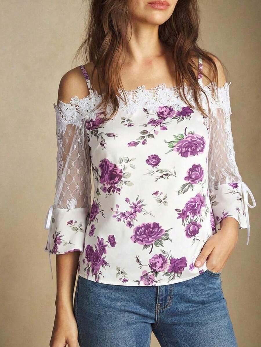 Purple Floral Print Off Should - огляд і ціна Blouse Off Shoulder