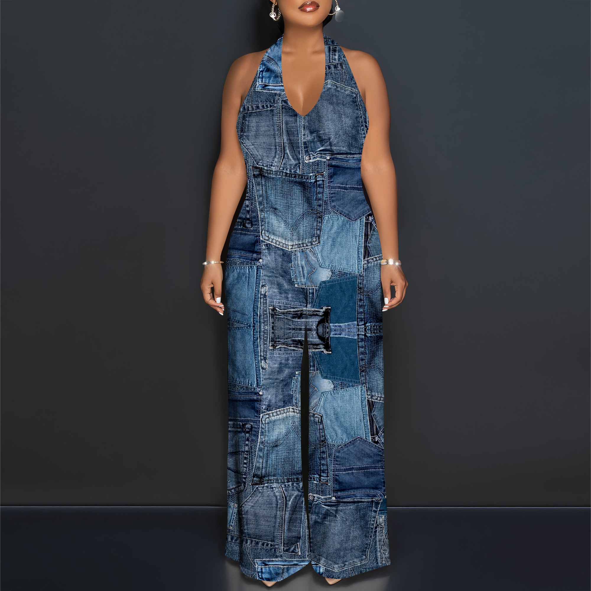 Denim Patchwork Halter V-Neck  - огляд і ціна Maxi Dress Halter