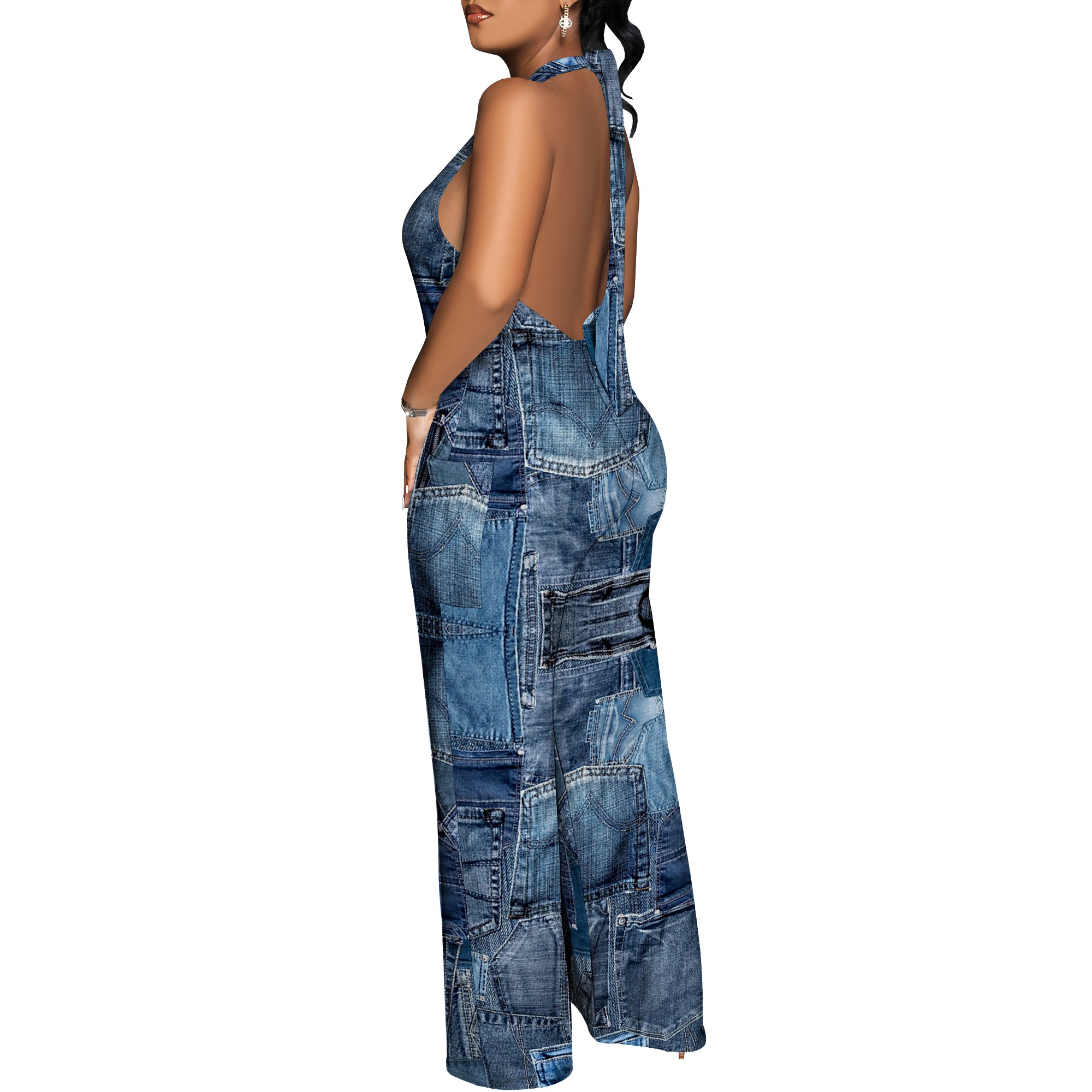 Denim Patchwork Halter V-Neck  - огляд і ціна Maxi Dress Halter