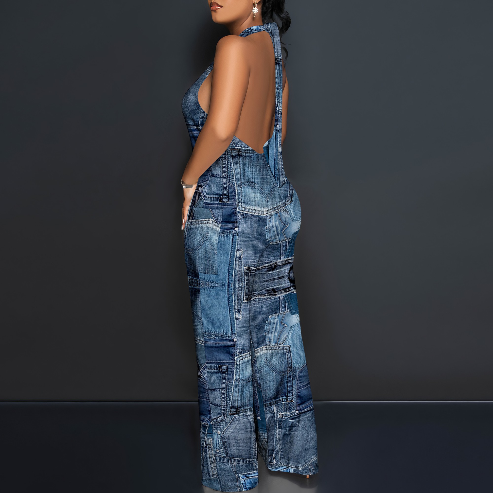 Denim Patchwork Halter V-Neck  - огляд і ціна Maxi Dress Halter