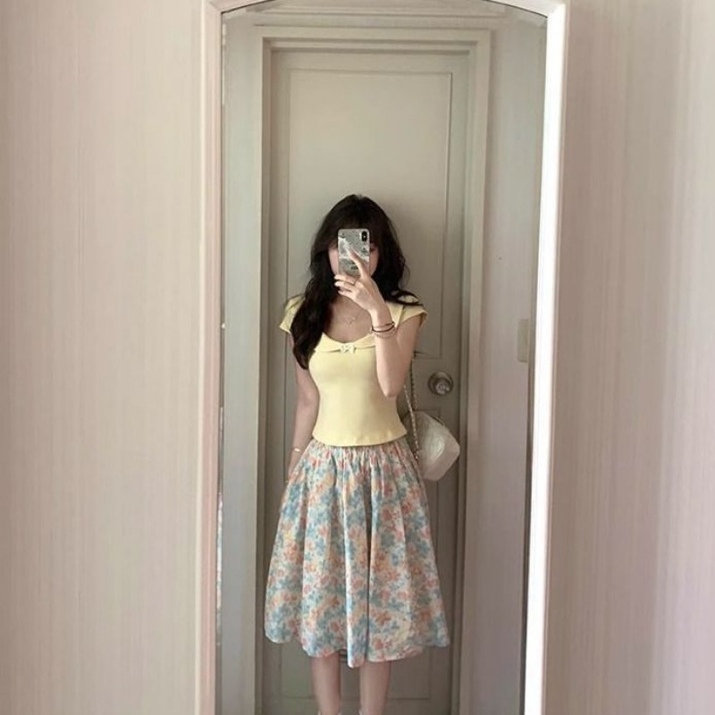 Women 2 Piece Set Bow Top And  - огляд і ціна Midi Skirt Floral